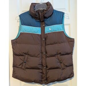 Good Goose Down Puffer Vest Women's L (tag XL) Zip Brown Turquoise  VERY NICE!